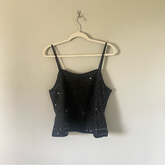New York & Company women's black sequin tank top size large mesh sheer party - Picture 1 of 7